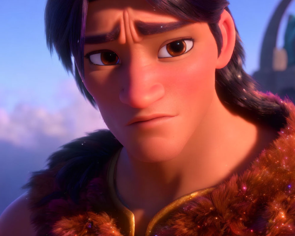 Close-up of animated male character with worried expression and thick eyebrows, wearing fluffy collar in blurry background