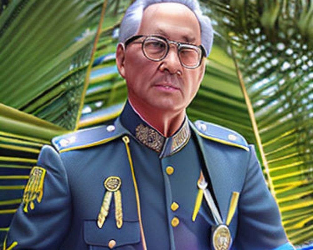 Elderly man in blue military uniform with medals, palm leaves backdrop