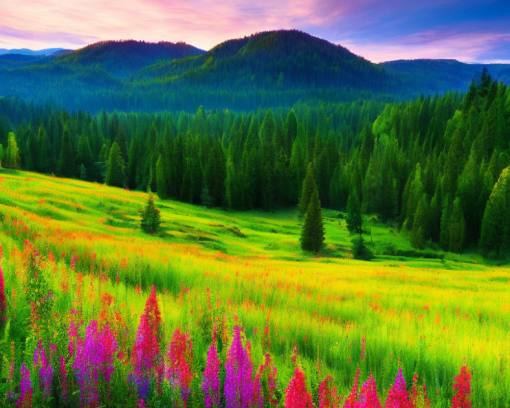 Colorful Meadow and Forest Landscape at Sunset