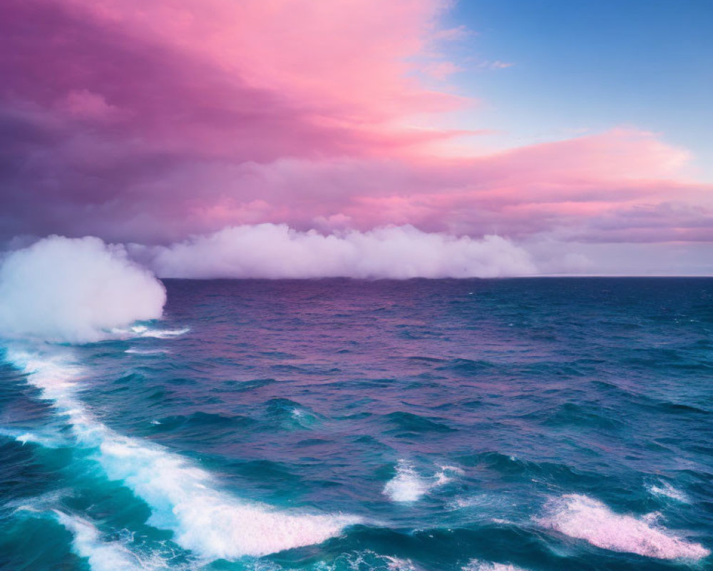 Dramatic ocean scene with crashing waves and colorful sky