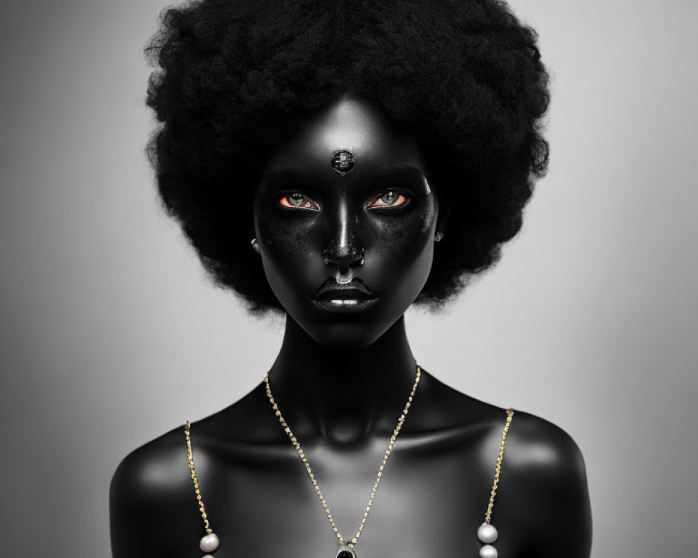 Dark-skinned person with striking black makeup and afro hairstyle adorned with ornate accessories.