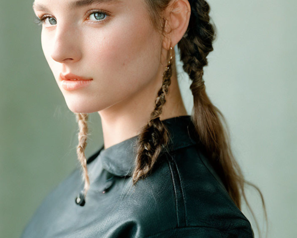 Braided Hair Woman in Black Leather Top with Soft Gaze