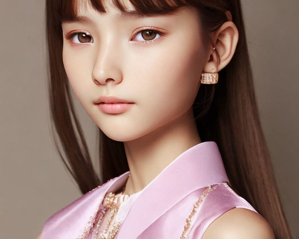 Young woman with straight brown hair and pearl earrings in pink sleeveless top.