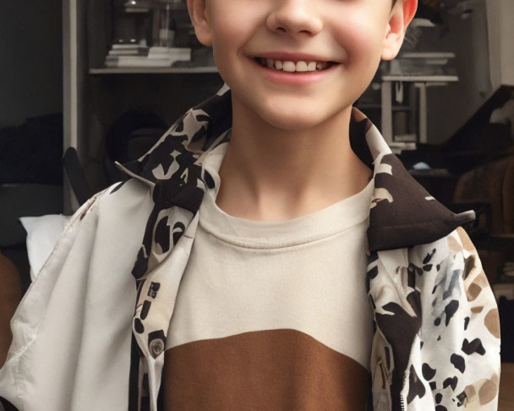 Young boy with blond hair in white and brown shirt and patterned jacket indoors