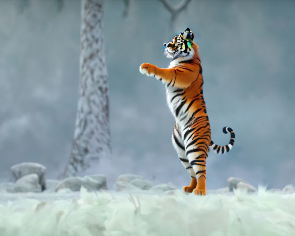 Tiger standing on hind legs in snowy forest