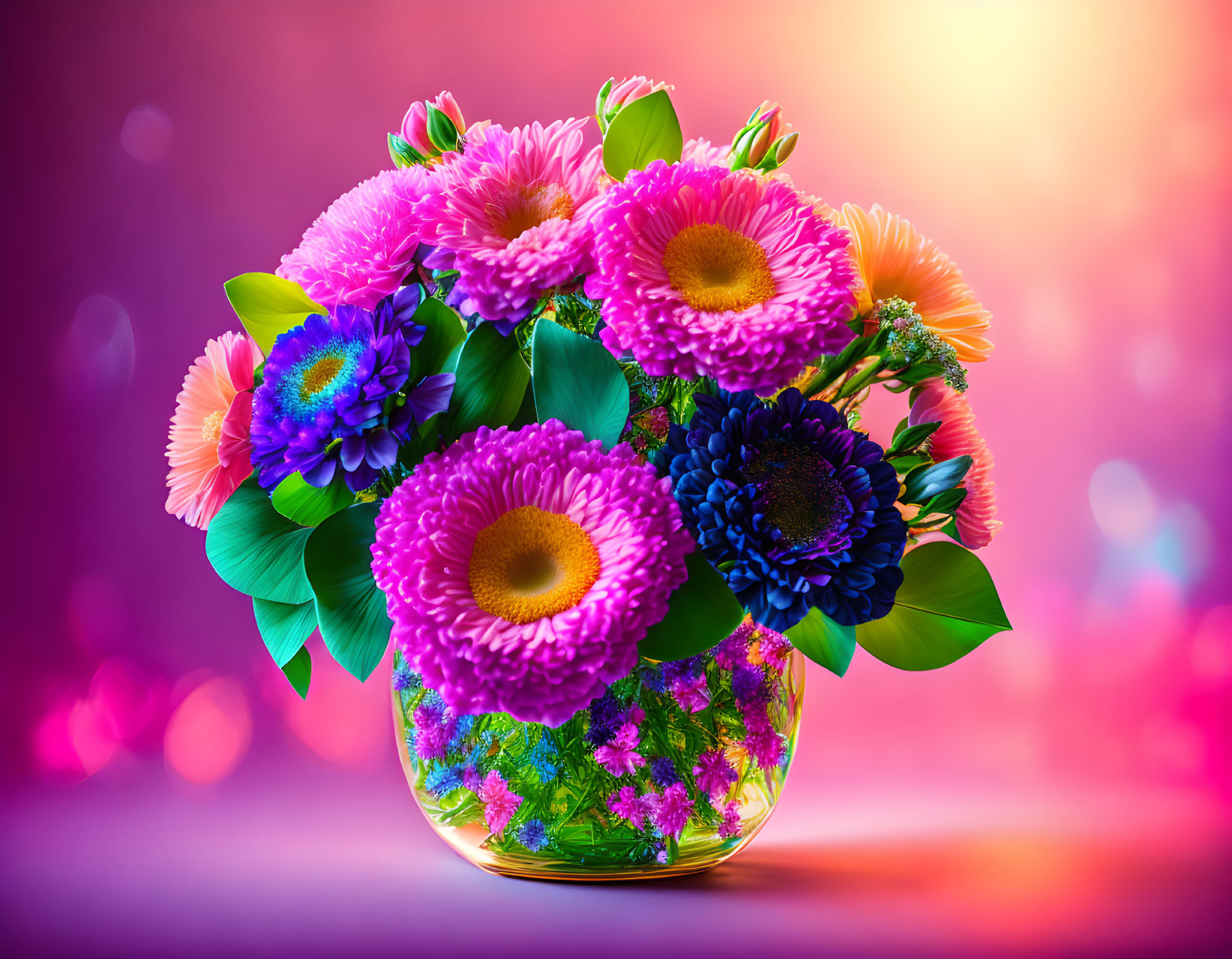 Assorted Flowers in Clear Vase on Pink and Purple Bokeh Background