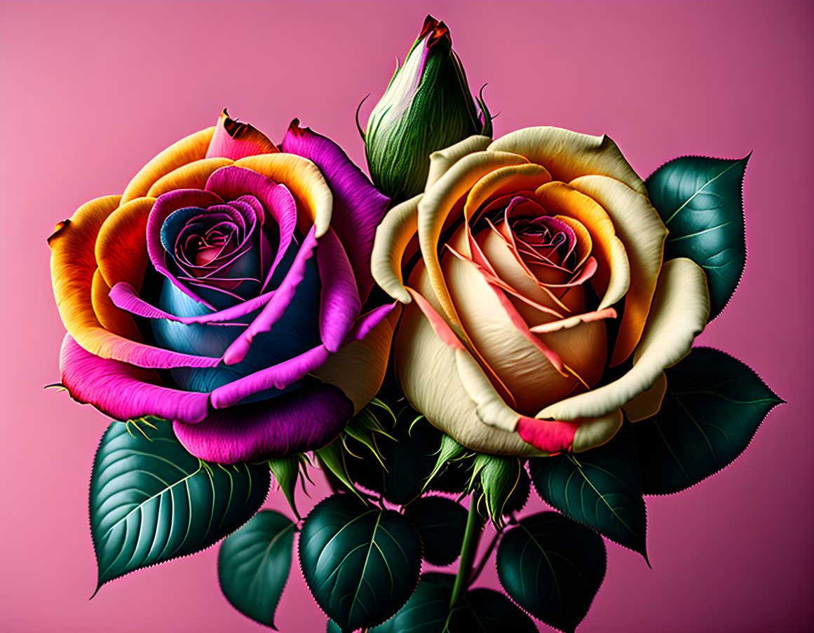 Colorful Roses with Gradient Petals on Pink Background