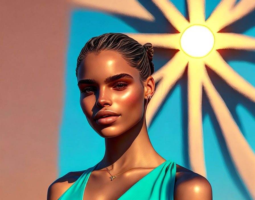 Digital artwork: Woman with glossy skin in teal top on stylized sun backdrop