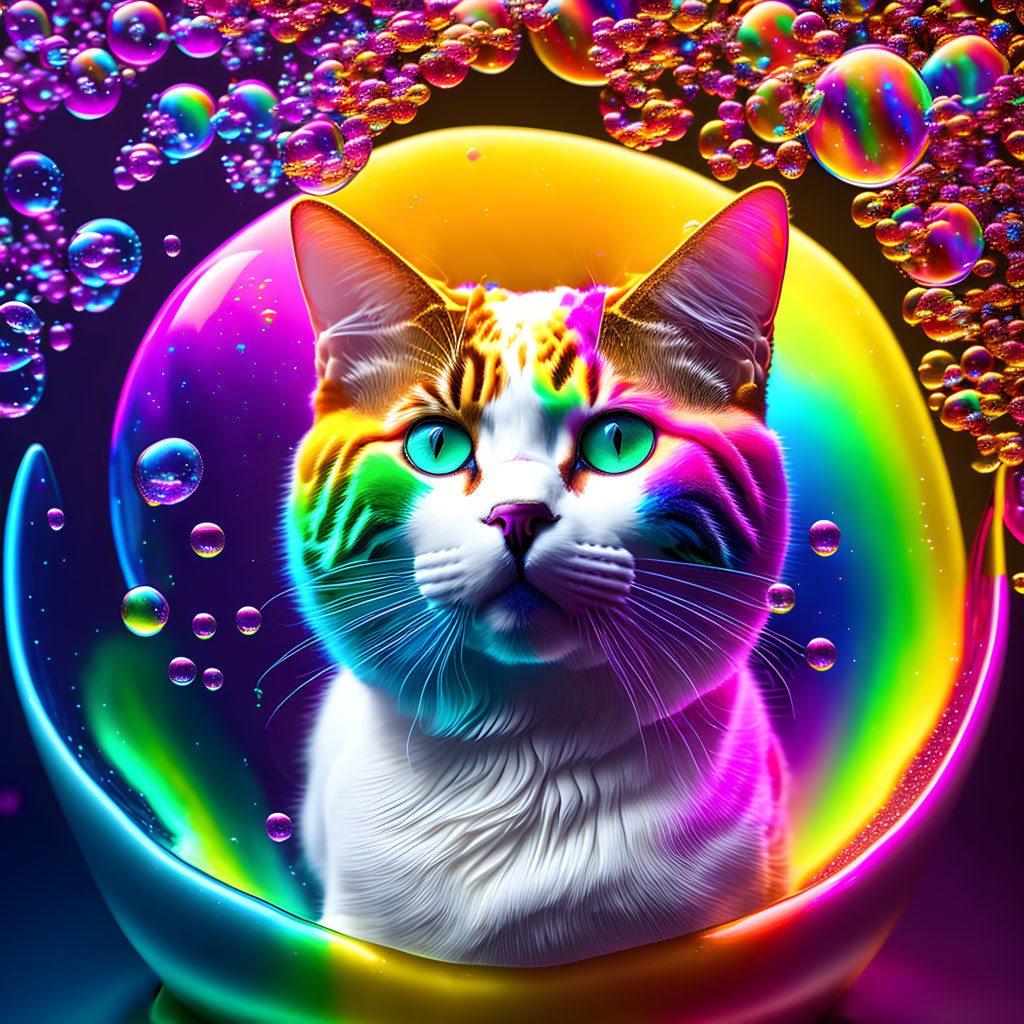 Colorful cat with green eyes in psychedelic bubbles on rainbow background