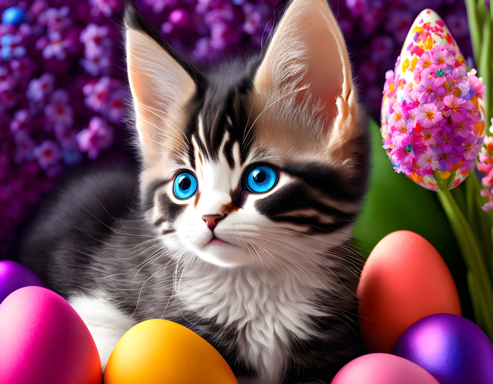 Blue-eyed kitten surrounded by Easter eggs and purple flowers.