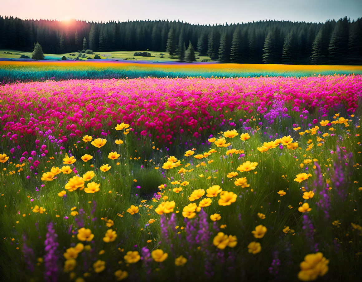 Colorful field of yellow and pink flowers under golden sunset among lush green trees