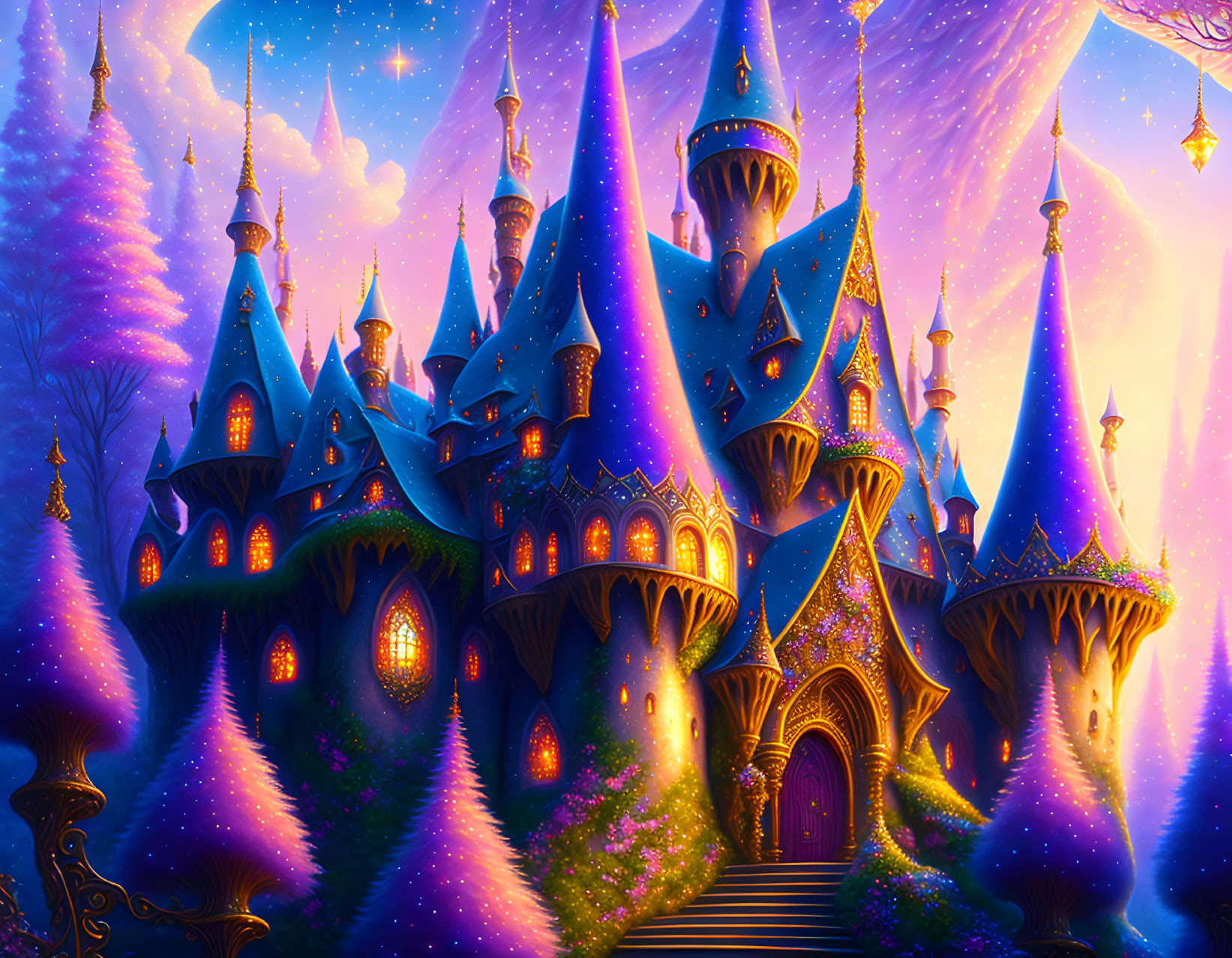 Fantasy castle at twilight with illuminated windows and spires