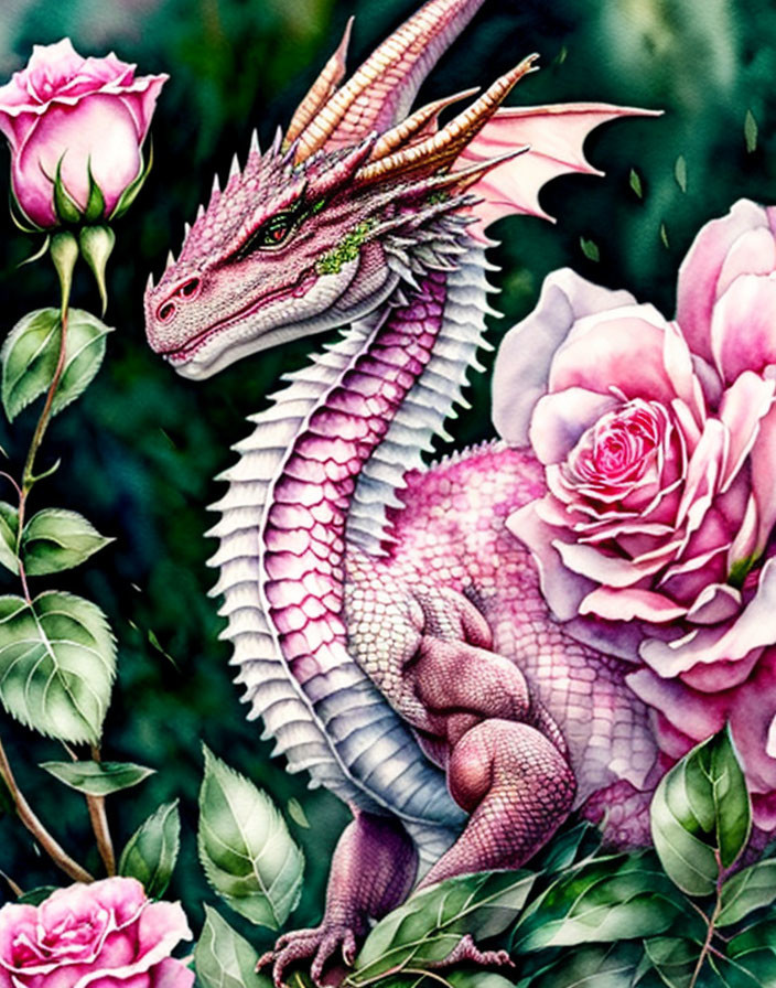 Pink dragon with white scales among pink roses and green foliage