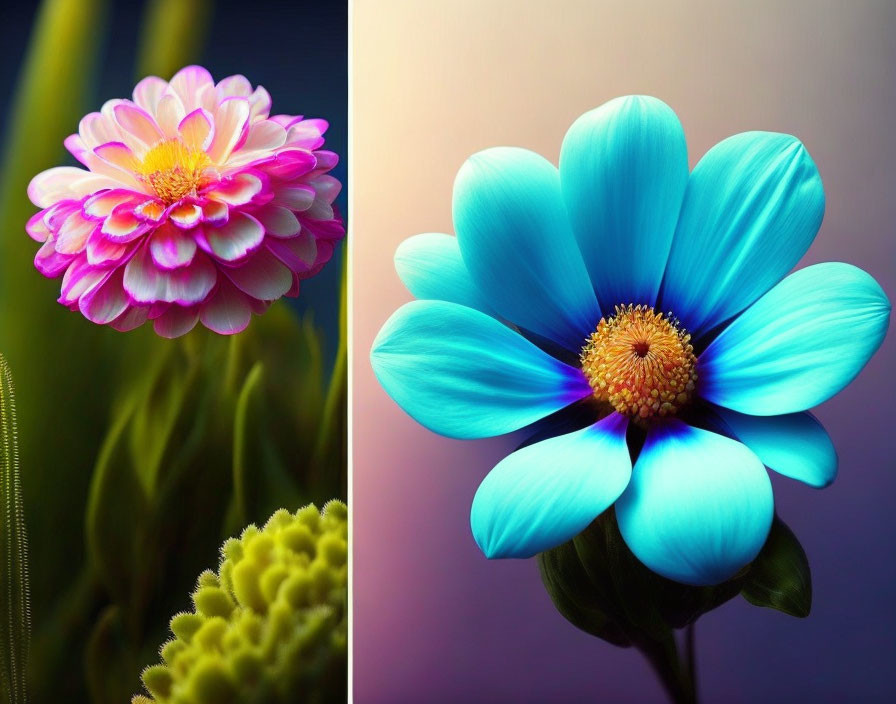 Vibrant Pink and Blue Flowers on Contrasting Backgrounds