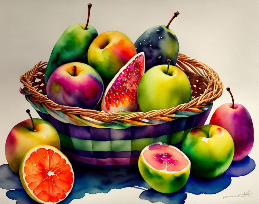 Vibrant watercolor painting of fruits in wicker basket