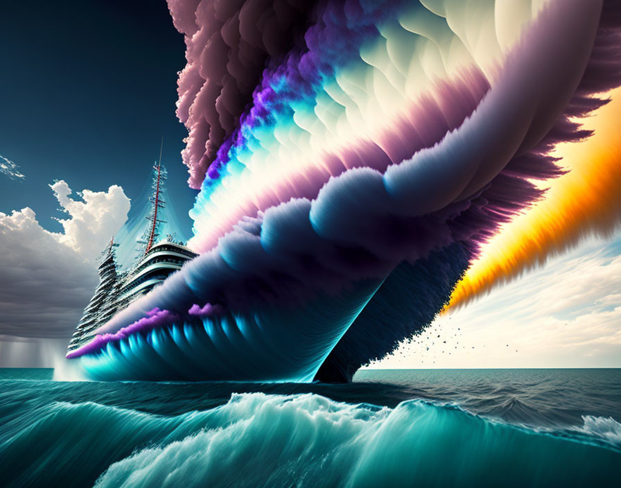 Surreal ocean scene with ship under swirling cloud formation