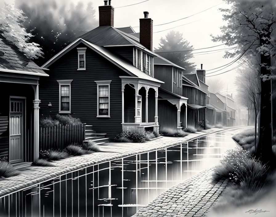 Detailed Monochrome Painting of Vintage Houses on Quiet Street