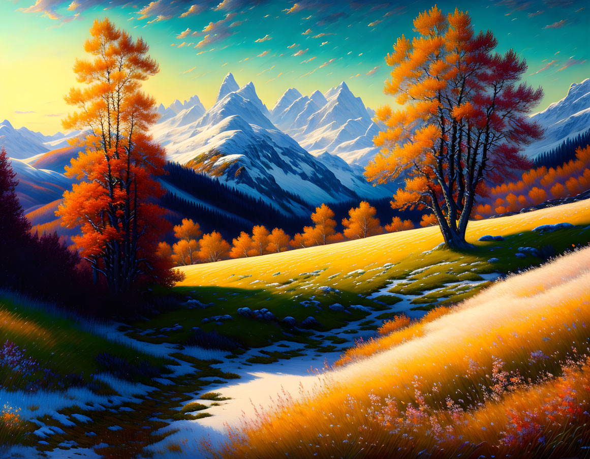 Colorful autumn landscape with river, meadow, and mountains