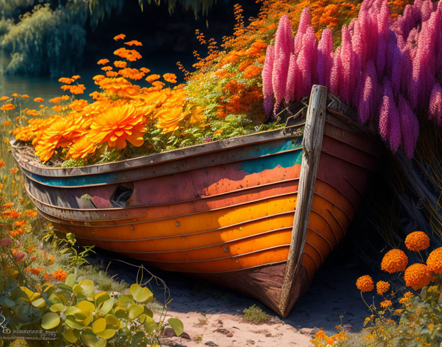 Weathered wooden boat with peeling orange paint amidst pink and orange flowers on sandy ground, lush green