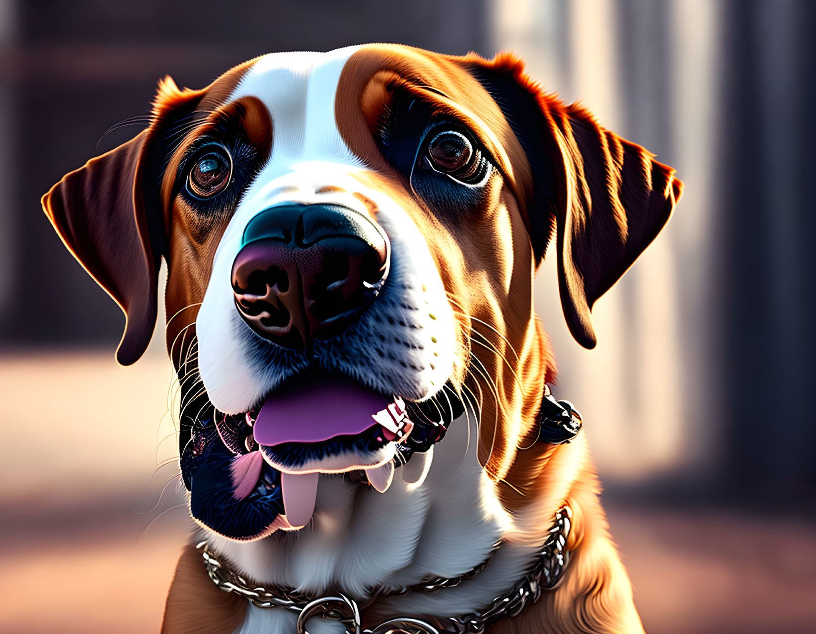 Brown and White Dog with Shiny Coat and Chain Collar Close-Up