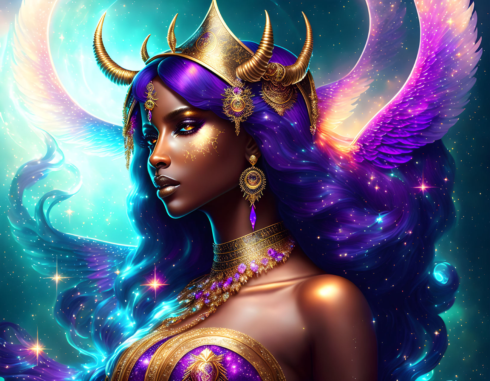 Fantasy woman with blue hair and golden horns in cosmic setting