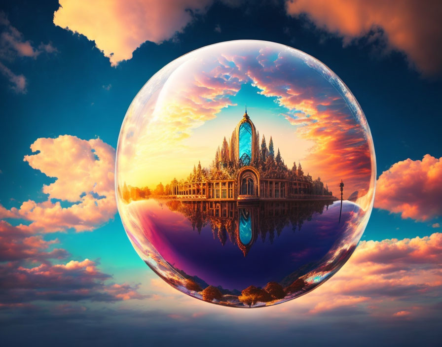 Colorful soap bubble mirroring ornate building and bridge in dramatic sunset scene