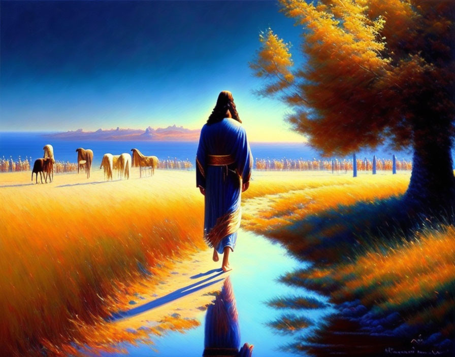 Tranquil painting of robed figure in golden landscape