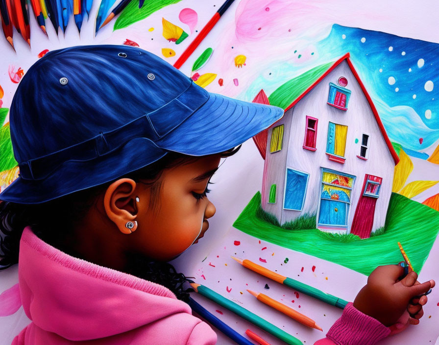 Child in Blue Cap Drawing Colorful House with Crayons