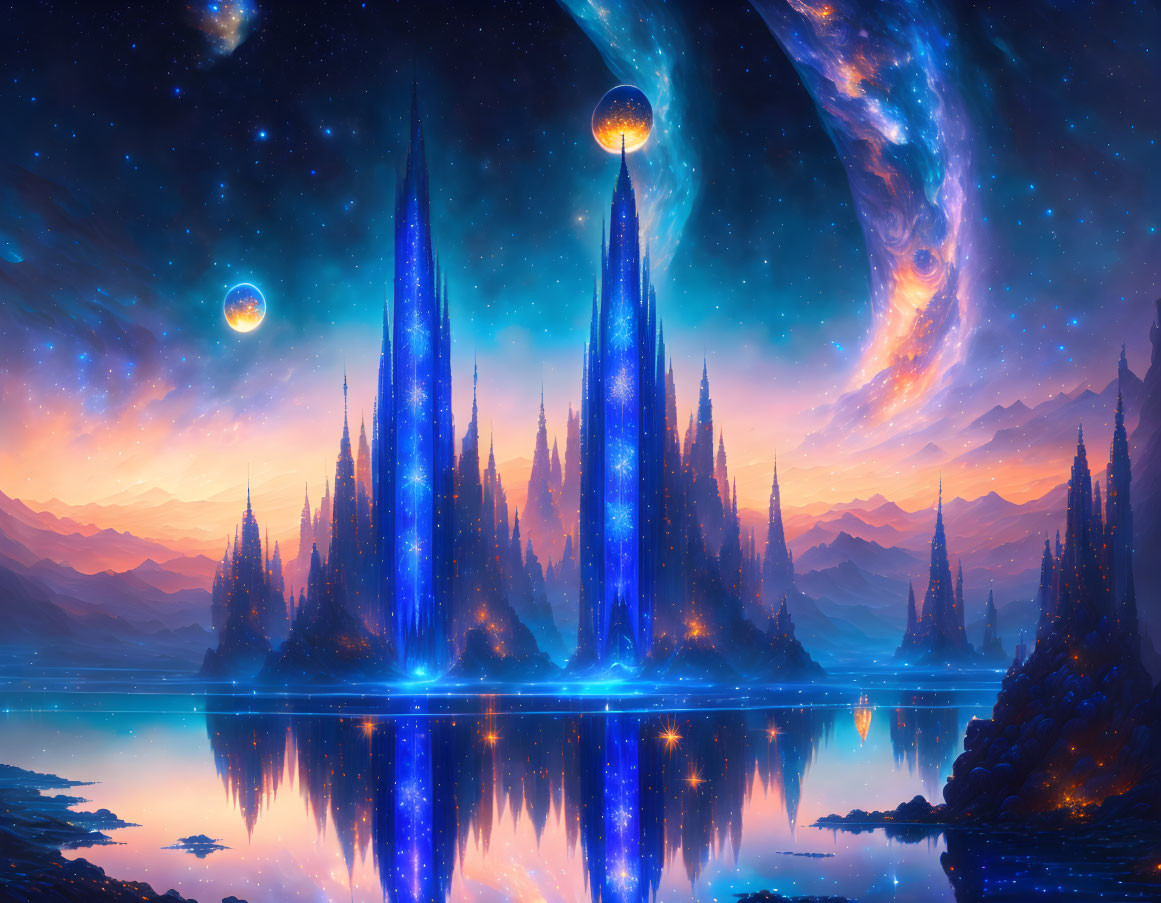 Vibrant alien landscape with glowing crystals, nebula sky, and reflective water