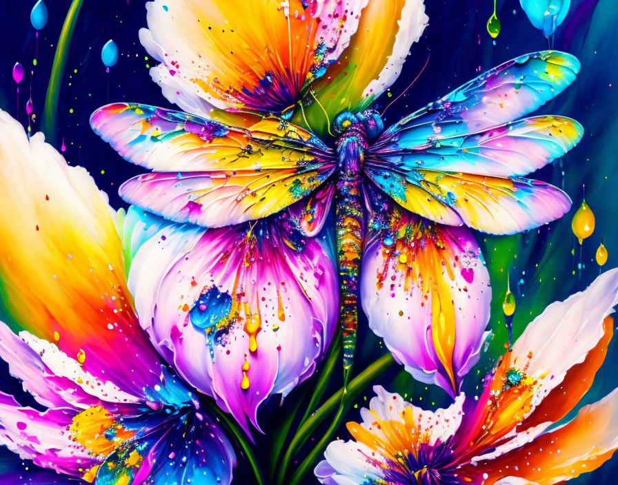 Colorful Digital Artwork: Butterfly on Multicolored Flowers