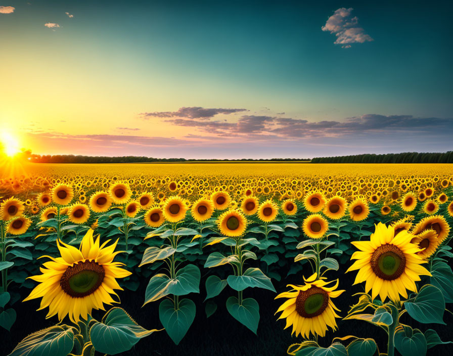 Vibrant sunflower field at sunrise with warm sun rays