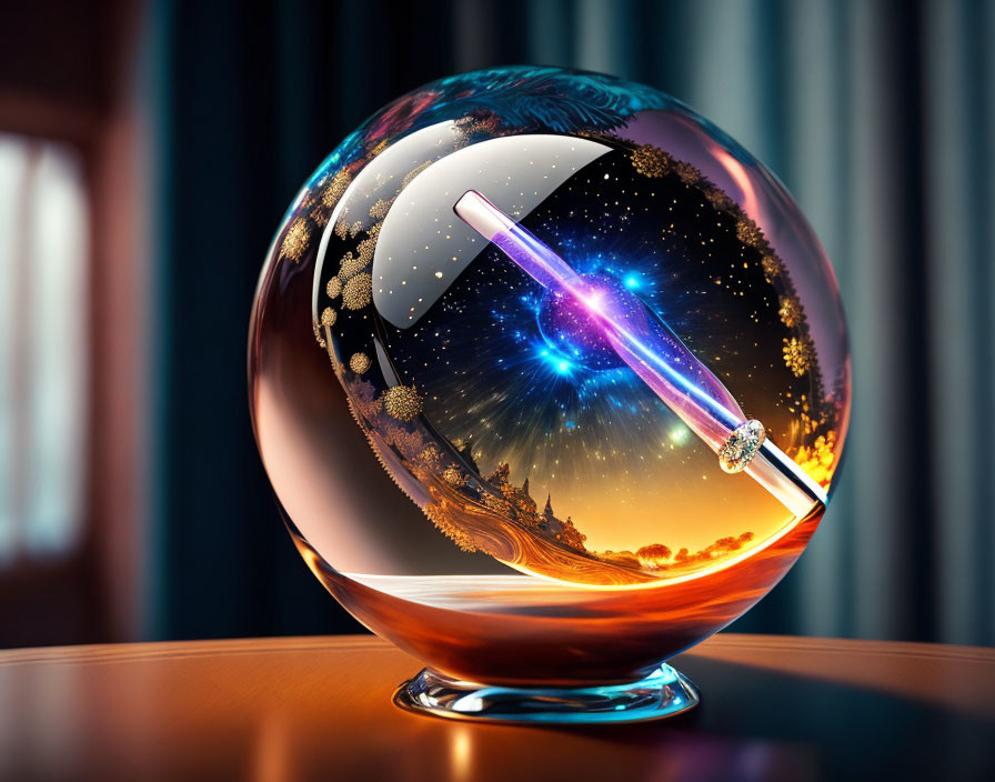 Glass Orb with Cosmic Scene and Crescent Moon on Curtained Surface