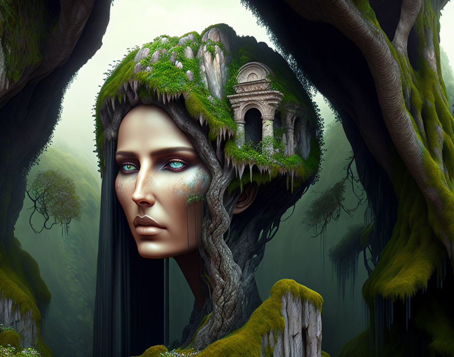 Woman's face merges with tree, ancient architecture on crown, mystical forest background