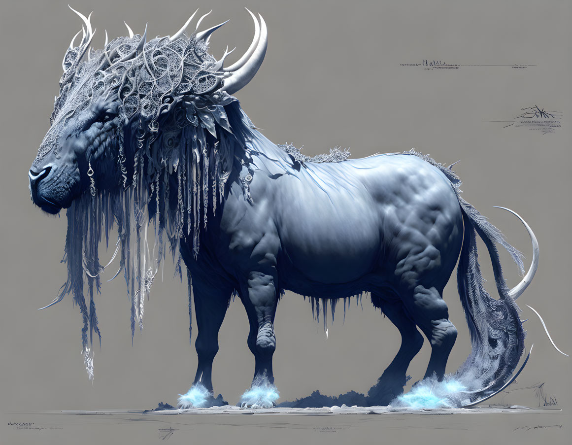 Mythical creature with icy branches mane and moon horn