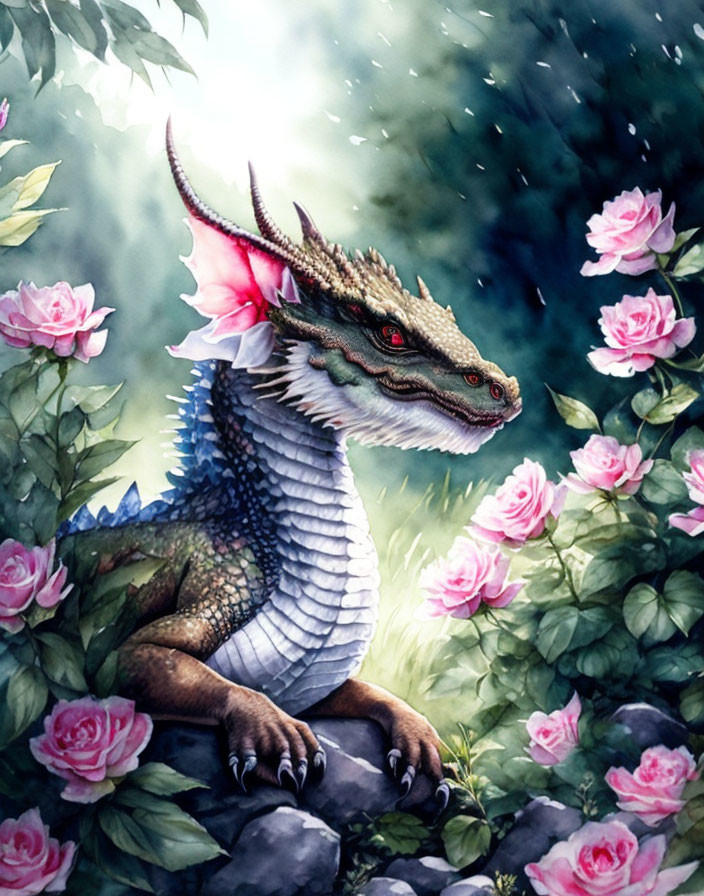 Green-scaled dragon among pink-winged roses in misty setting