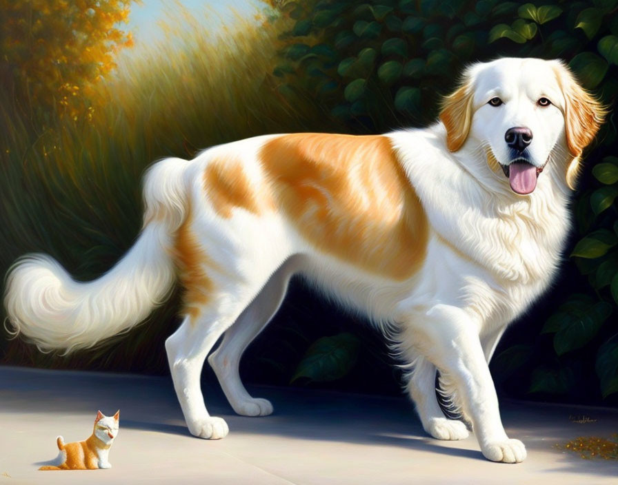 Fluffy white and tan dog with orange kitten in sunny setting