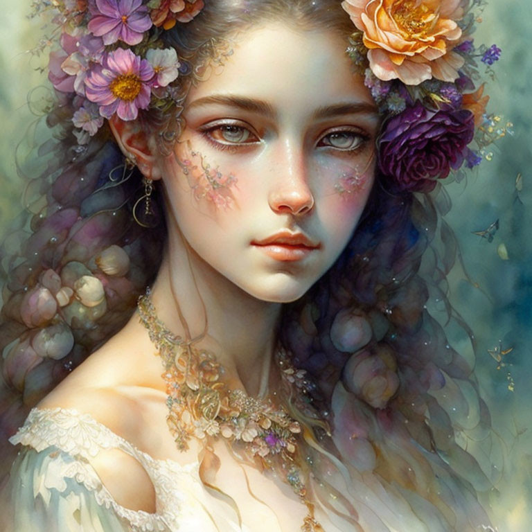 Young woman fantasy portrait with floral adornments