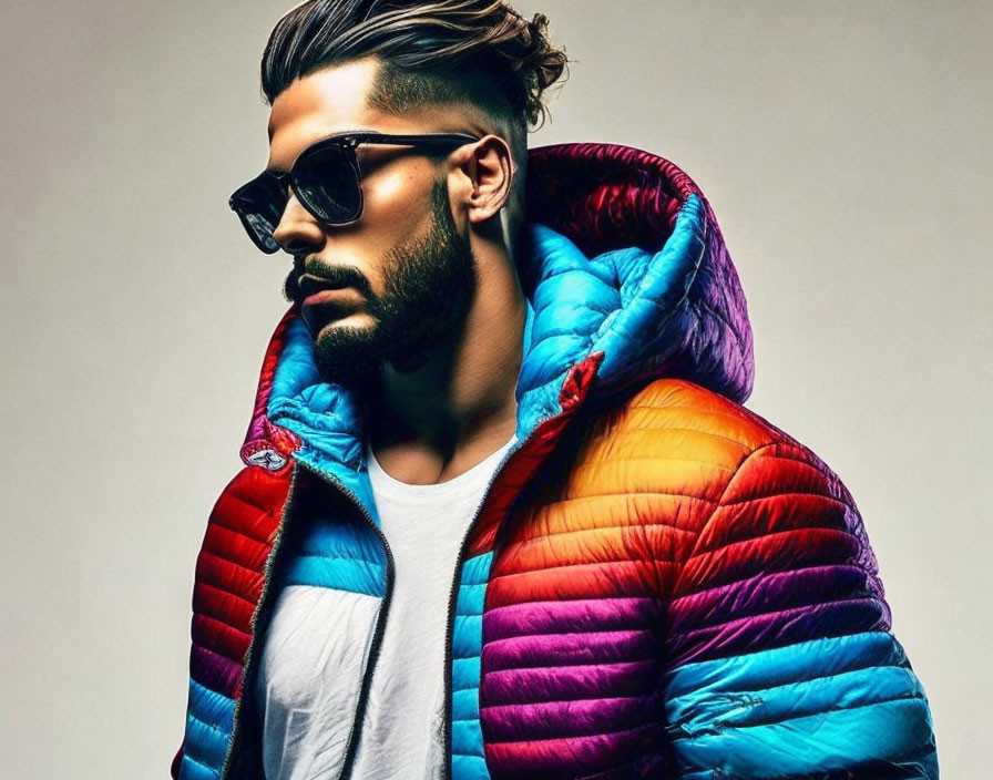 Bearded man in sunglasses and puffer jacket on neutral backdrop