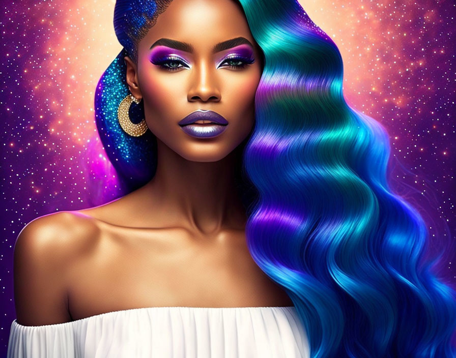 Digital artwork featuring woman with blue ombre hair, purple makeup, hoop earrings, white top,