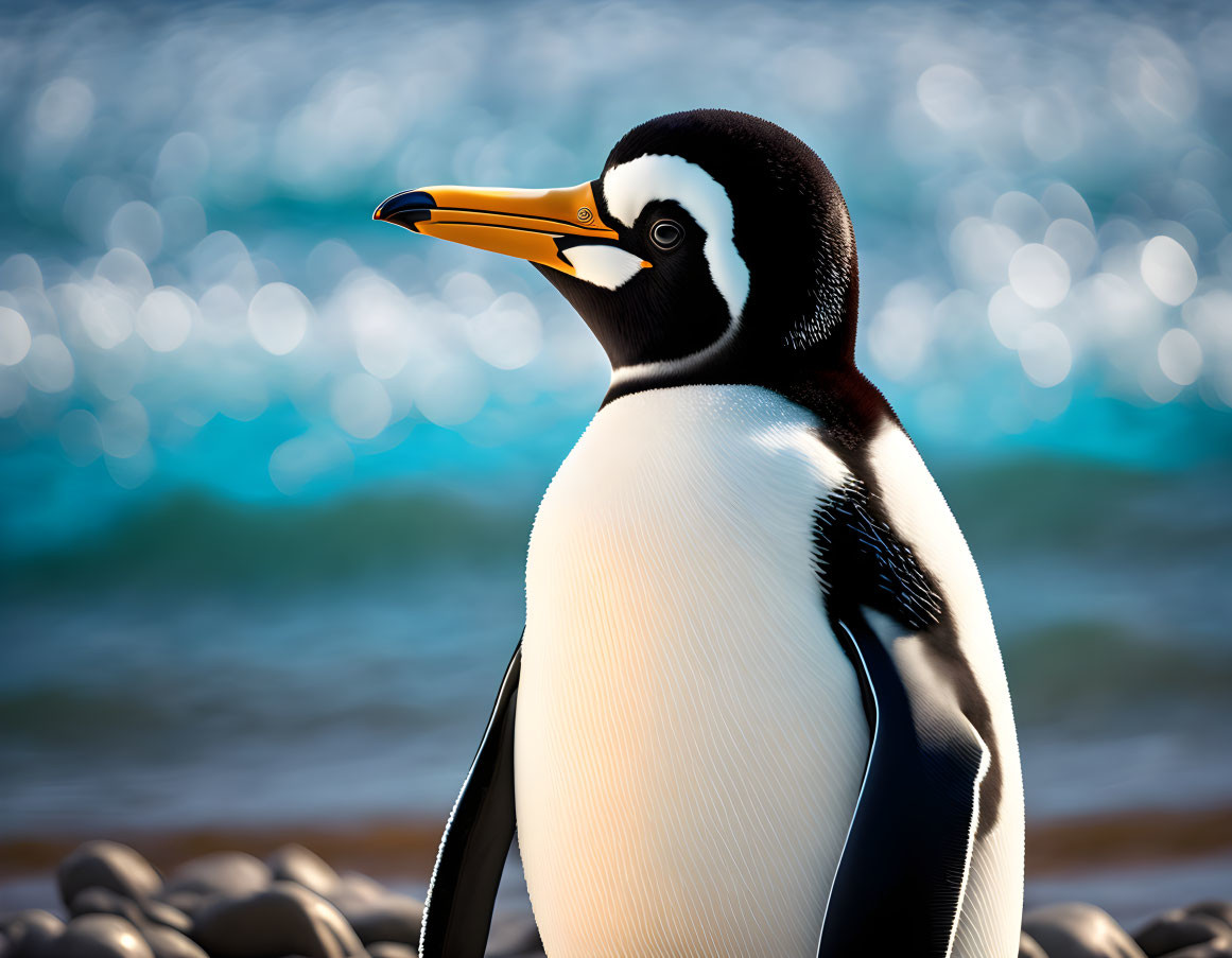 Penguin standing on pebbles with sparkling turquoise sea