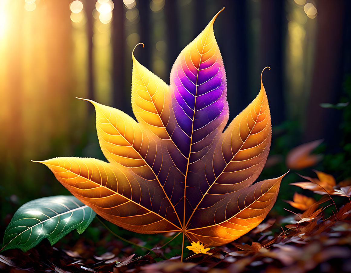 Vibrant composite leaf in yellow, orange, and purple against forest backdrop.