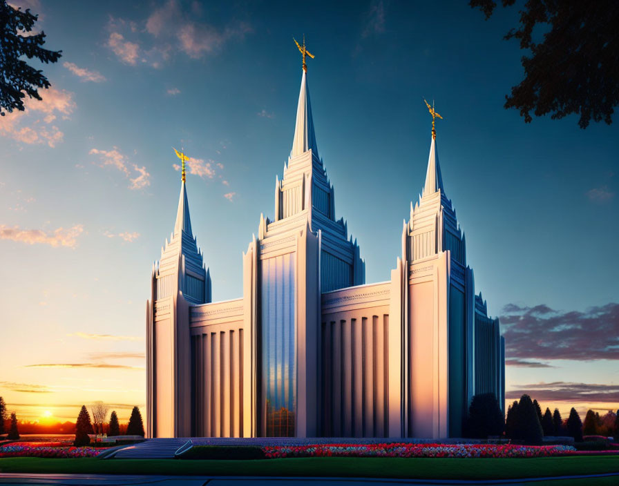 Majestic temple with golden angel statues at twilight