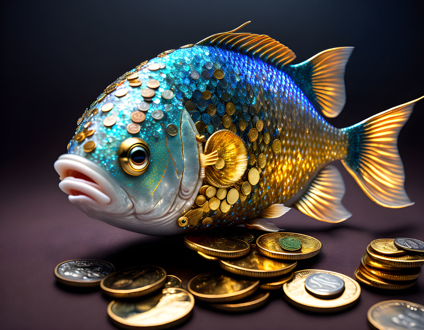 Colorful Fish Artwork with Coin-like Scales on Dark Background