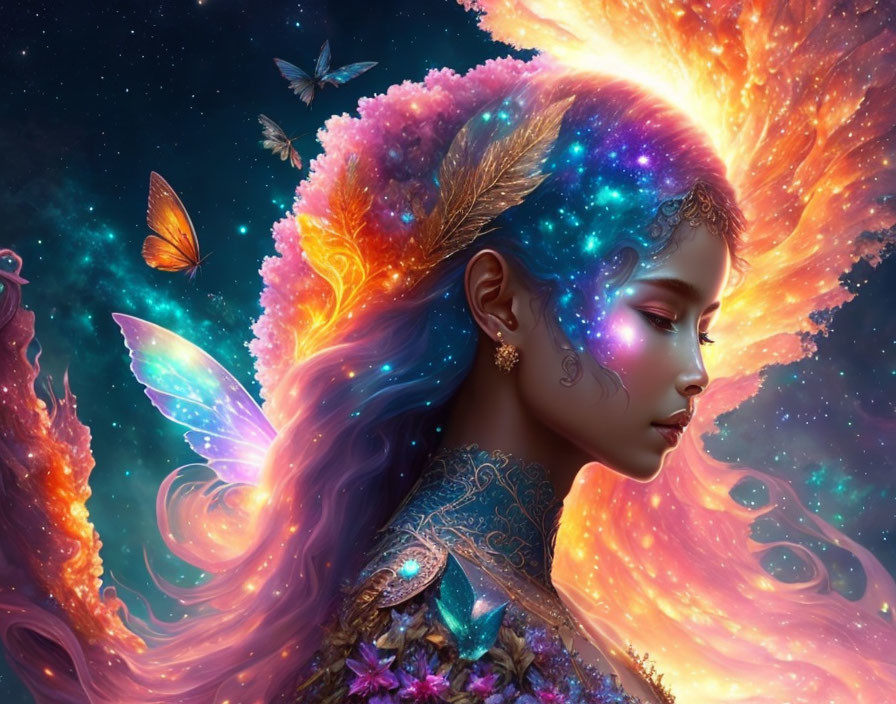 Vibrant digital artwork of woman with fiery hair and butterflies on cosmic background.