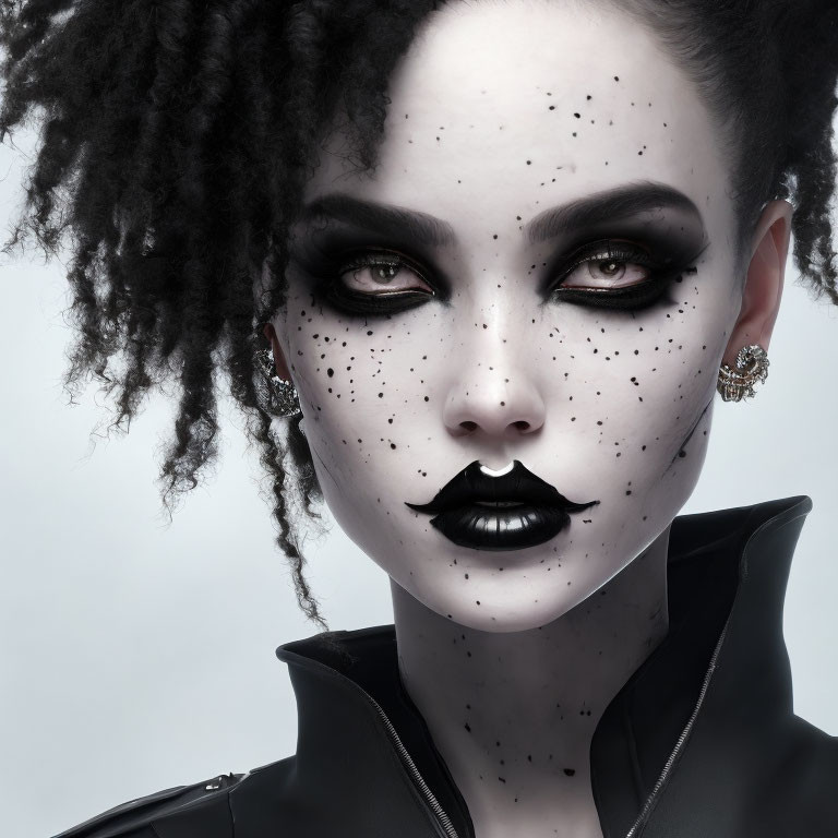 Person with Striking Black Makeup and Freckles, Black Lipstick, Intense Eyes, Black