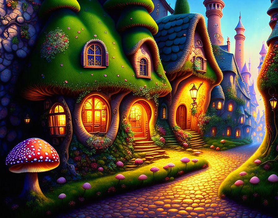 Whimsical mushroom-shaped village with glowing windows and cobblestone path.