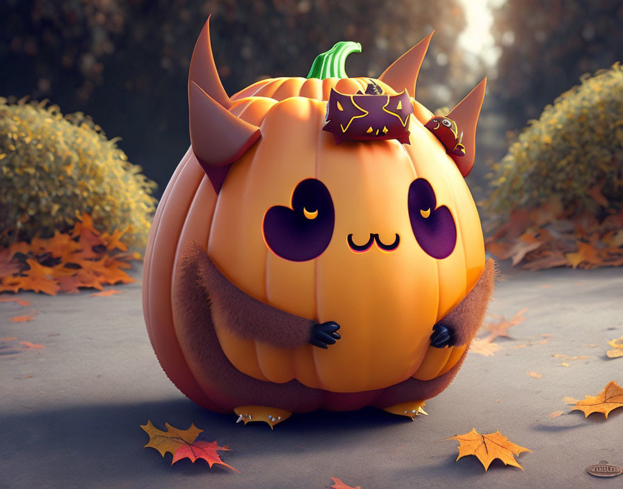 Anthropomorphic pumpkin with bat wings and ears in autumn setting