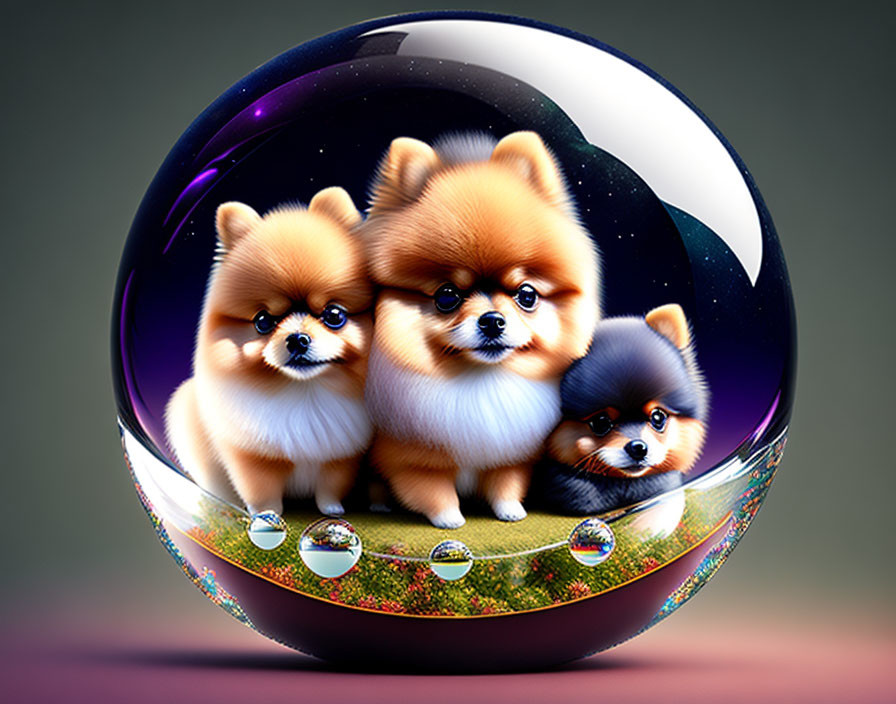 Three Cartoon Pomeranian Dogs in Transparent Bubble with Cosmic Background