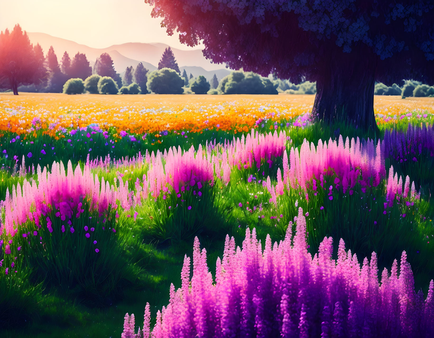 Scenic field of pink and orange flowers under tree with mountain backdrop