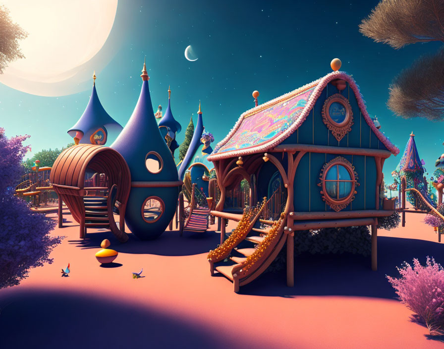 Colorful Stylized Fantasy Houses Under Twilight Sky with Moon and Stars